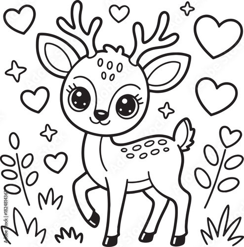 Adorable Deer Illustration: A charming, outlined illustration of a baby deer, showcasing a captivating combination of simple hearts and stars, embodying innocence and childlike wonder.