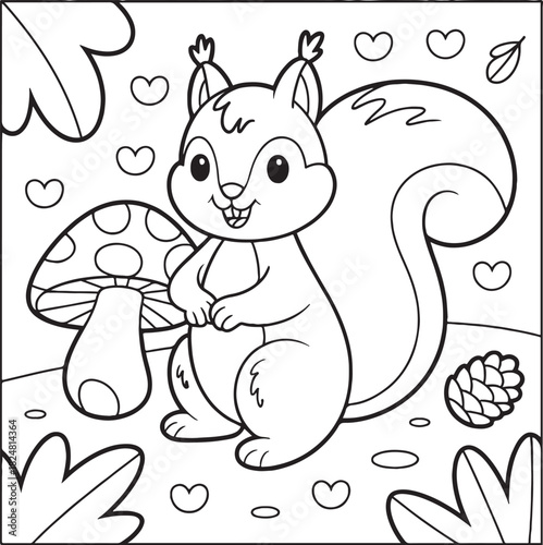 Squirrel Illustration: A charming squirrel in a forest setting, accompanied by a mushroom and a pinecone, ready for coloring and creativity.