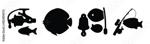 Fishing gear, tackle, rod, reel, and fish silhouettes set