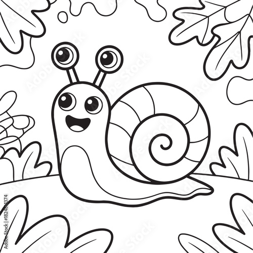 Joyful Snail Illustration: An adorable snail smiles amidst a garden backdrop, offering a delightful illustration of nature's simple pleasures, perfect for projects requiring playful designs. 