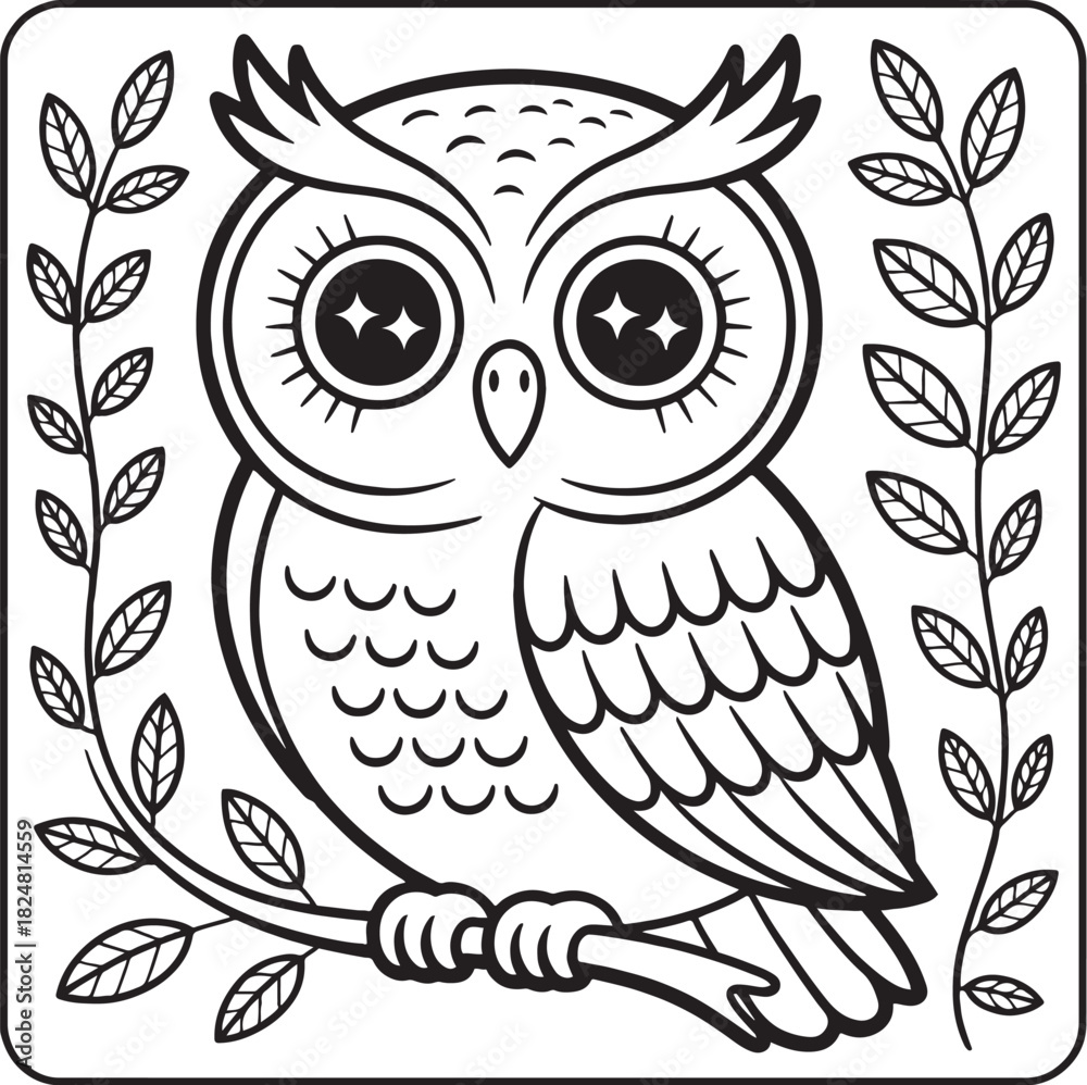 Obraz premium Cute cartoon illustration of a wise brown owl character with big eyes, sitting on a nature tree branch