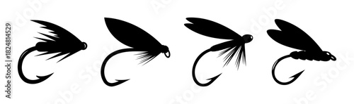 Four distinct fly fishing lures silhouettes for angling sport