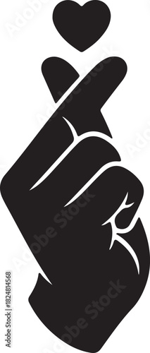Bold black silhouette of a hand forming the popular korean finger heart gesture symbolizing love and affection