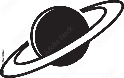 Stylized black and white line art of a planet with prominent rings resembling saturn s iconic celestial body