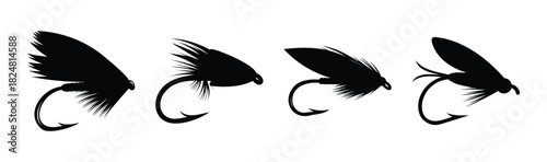 Fly fishing lures vector set, artificial angling insects