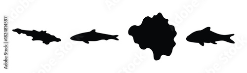 Black fish silhouettes and abstract organic shapes on white