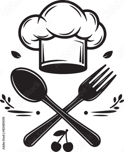Bold black and white illustration of a classic chef s hat centered at the top