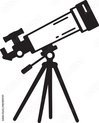 Simple black and white line art illustration of a classic telescope on a tripod perfect for educational or scientific themes