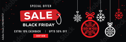 Festive Black Friday sale banner featuring hanging snowflake ornaments and Christmas baubles, bold red and white text, special offer, cashback and discount, elegant holiday design for promotions.
