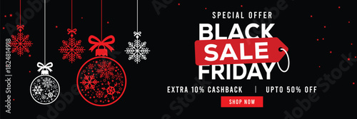 Festive Black Friday sale banner featuring hanging snowflake ornaments and Christmas baubles, bold red and white text, special offer, cashback and discount, elegant holiday design for promotions.