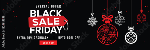 Festive Black Friday sale banner featuring hanging snowflake ornaments and Christmas baubles, bold red and white text, special offer, cashback and discount, elegant holiday design for promotions.