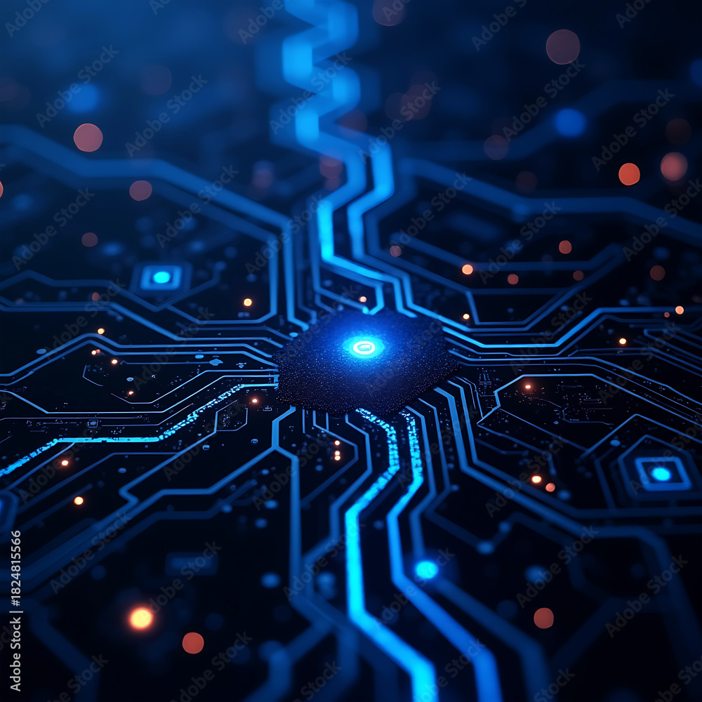 Obraz premium Futuristic Circuit Board Microchip Technology Background. Blue Glowing Digital Network Pattern.
