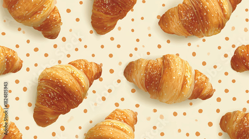 Delicious croissants on polka dot background a tasty bakery pattern