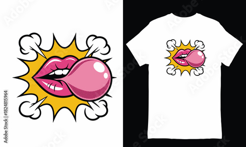 Woman's Lips Blowing Pink Bubble Gum in Comic Style with T-shirt Mockup mouth chewing gum