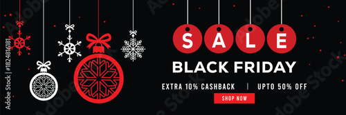 Festive Black Friday sale banner featuring hanging snowflake ornaments and Christmas baubles, bold red and white text, special offer, cashback and discount, elegant holiday design for promotions.