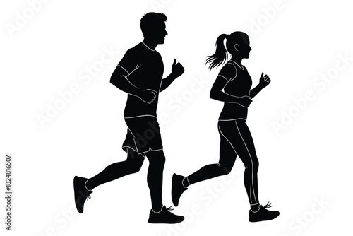Silhouette of runners couple running together in black