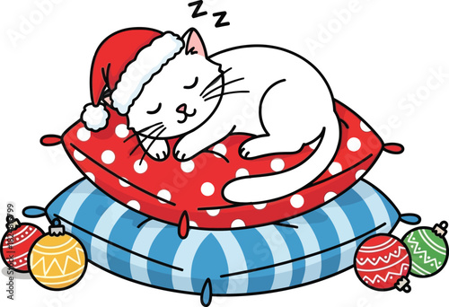 Cute white cat sleeping on pillows wearing santa hat christmas illustration