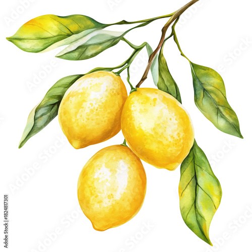 Vibrant Lemon Branch With Ripe Fruit and Green Leaves on a White Background