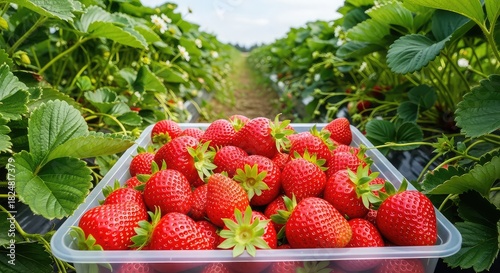 Freshly picked strawberries in a container on a strawberry field in summer