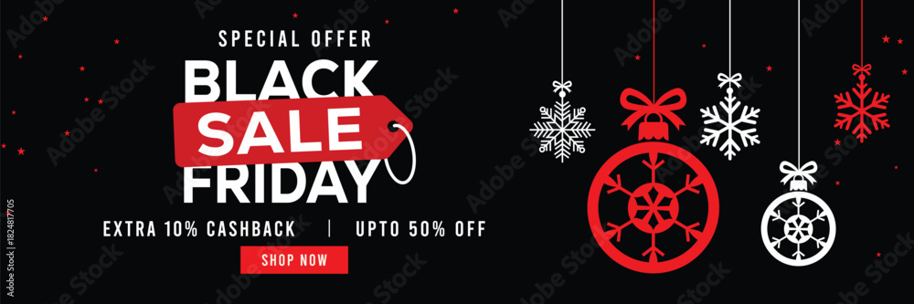 Obraz premium Festive Black Friday sale banner featuring hanging snowflake ornaments and Christmas baubles, bold red and white text, special offer, cashback and discount, elegant holiday design for promotions.