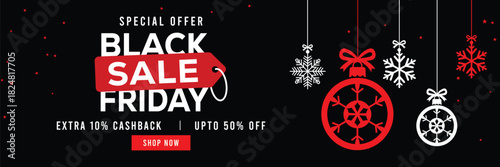 Festive Black Friday sale banner featuring hanging snowflake ornaments and Christmas baubles, bold red and white text, special offer, cashback and discount, elegant holiday design for promotions.