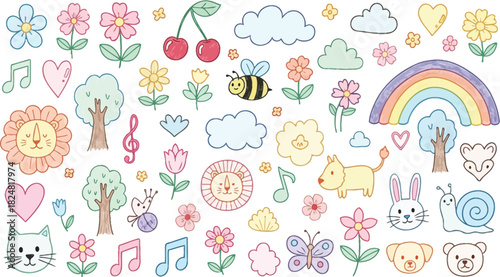 Colorful hand drawn doodle set with flowers animals and rainbow