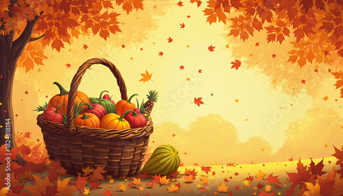 Basket of Autumn Produce Under Falling Leaves