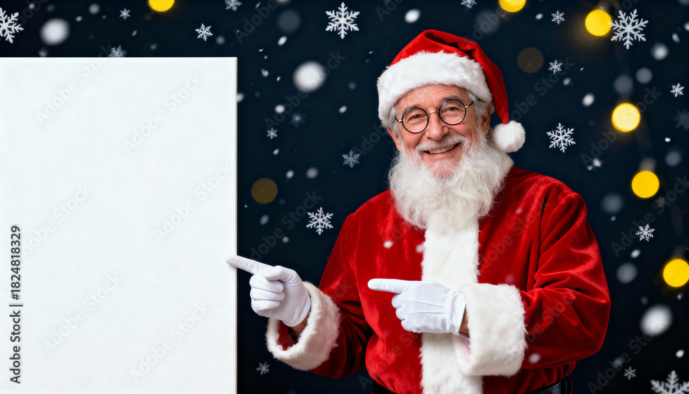 Naklejka premium Santa Claus pointing at blank sign in snowy Christmas setting