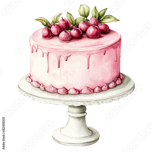 Delicious Pink Cake With Cherries and Green Leaves on a White Cake Stand