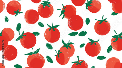 Fresh tomatoes and green leaves pattern on white background illustration
