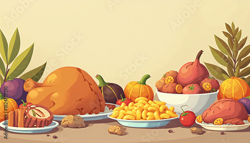 Thanksgiving Feast with Turkey, Meats, and Vegetables