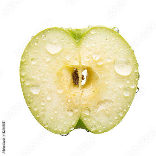 Freshly Sliced Green Apple With Droplets Showcasing Its Juicy Interior and Vi...