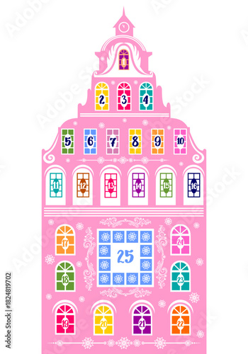 Advent calendar. Christmas pink house with winter holidays countdown windows. Merry Christmas poster. Holiday design, decor. Winter holiday Vector illustration