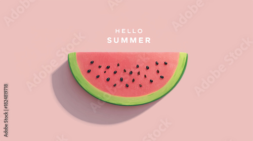 Hello summer fresh watermelon slice on pink background flat lay style