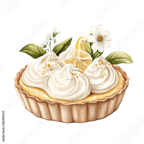 Lemon Tart With Whipped Cream and Edible Flowers on a Simple Background