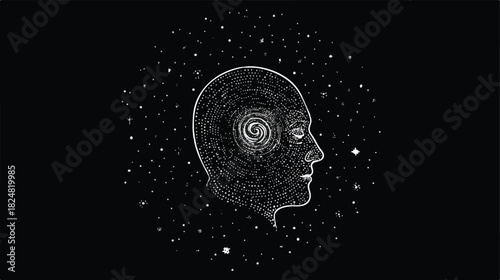 Human Head Silhouette with Cosmic Galaxy Brain Exploring Inner Universe