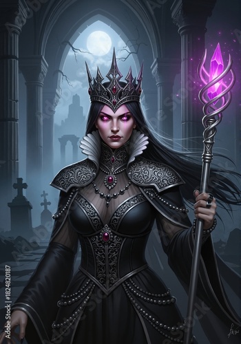 A powerful dark fantasy queen with glowing purple eyes. Vertical portrait of a gothic sorceress holding a magic staff in a graveyard at night