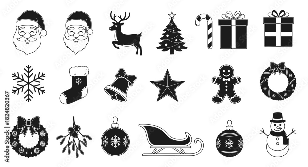 Naklejka premium Festive Icons: A collection of meticulously crafted, elegant black and white icons that embody the spirit of the holiday season, perfect for adding a touch of festive flair to any design or project.