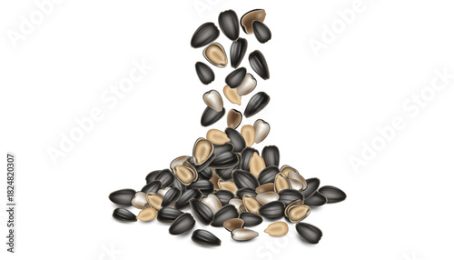 Falling and scattered black sunflower seeds on white background, close-up