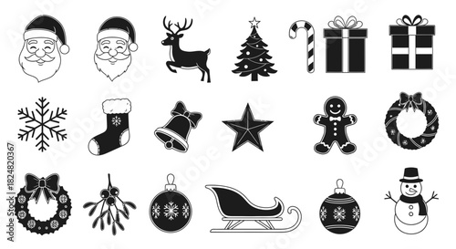Festive Icons: A collection of meticulously crafted, elegant black and white icons that embody the spirit of the holiday season, perfect for adding a touch of festive flair to any design or project.