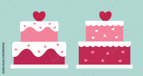 Set of stacked cakes decorated with hearts flat vector.
For celebrating Valentine's Day, wedding, Mother's Day, anniversaries and birthdays.