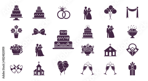 Wedding Icon Collection: A meticulously curated array of iconic symbols embodies the essence of weddings, from celebratory cake to romantic rings. It's a visual celebration of love.