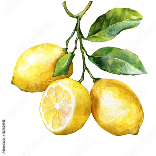 Fresh Yellow Lemons Hanging From a Branch With Green Leaves in Bright Light