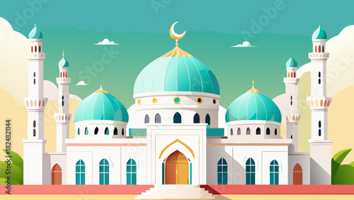 Illustration of a mosque with domes and minarets against a light sky background design art