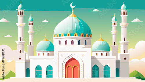 Illustration of a grand white mosque with turquoise domes and minarets against a bright sky backdrop