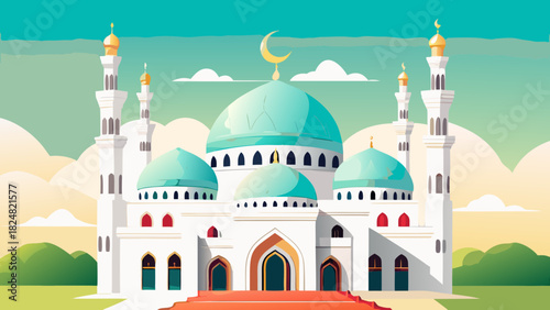 Illustration of a grand mosque with domes and minarets against a serene sky backdrop scenery