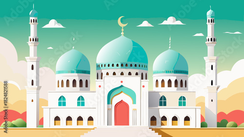 Illustration of a white mosque with turquoise domes and minarets against a soft sky backdrop scene