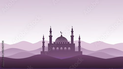 Silhouette of a mosque with minarets and crescent moon against a backdrop of rolling hills at dusk