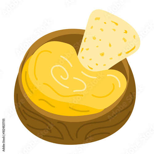 A bowl of creamy cheese dip with a tortilla chip is illustrated in a simple appetizing style. The concept conveys snacking, comfort food and casual sharing during meals or gatherings