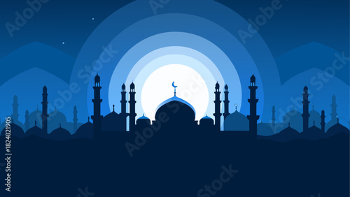 Silhouette of mosque with crescent moon against a blue layered background at night time scene is shown
